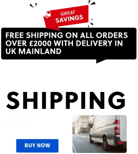 Promotional banner offering free shipping on orders over £2000 with delivery in the UK mainland. The left side of the banner features a red and white 'GREAT SAVINGS' badge and the promotional text in bold, white font on a black background. The right side shows an image of a speeding delivery van on a road. A 'BUY NOW' button in white text on a gold background is located at the bottom left. The background is transparent, indicated by a checkered pattern.