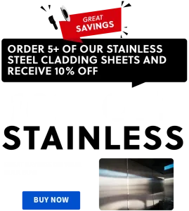 Promotional banner offering a 10% discount on orders of 5 or more stainless steel cladding sheets. The left side of the banner includes a red and white 'GREAT SAVINGS' badge and promotional text in bold, white font on a black background. The right side displays an image of stainless steel cladding sheets reflecting light. A 'BUY NOW' button in white text on a gold background is located at the bottom left. The background is transparent, indicated by a checkered pattern.